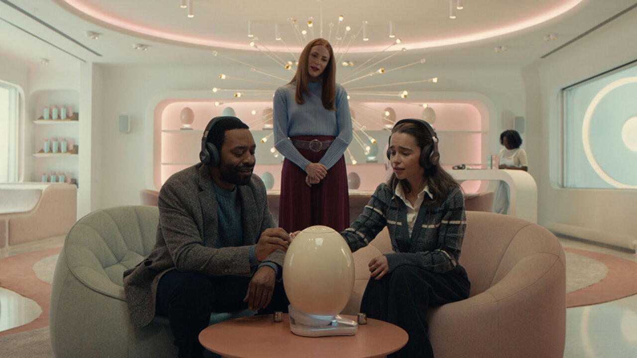 Chiwetel Ejiofor, Rosalie Craig, and Emilia Clarke in 'The Pod Generation.' Photo courtesy of Vertical & Roadside Attractions