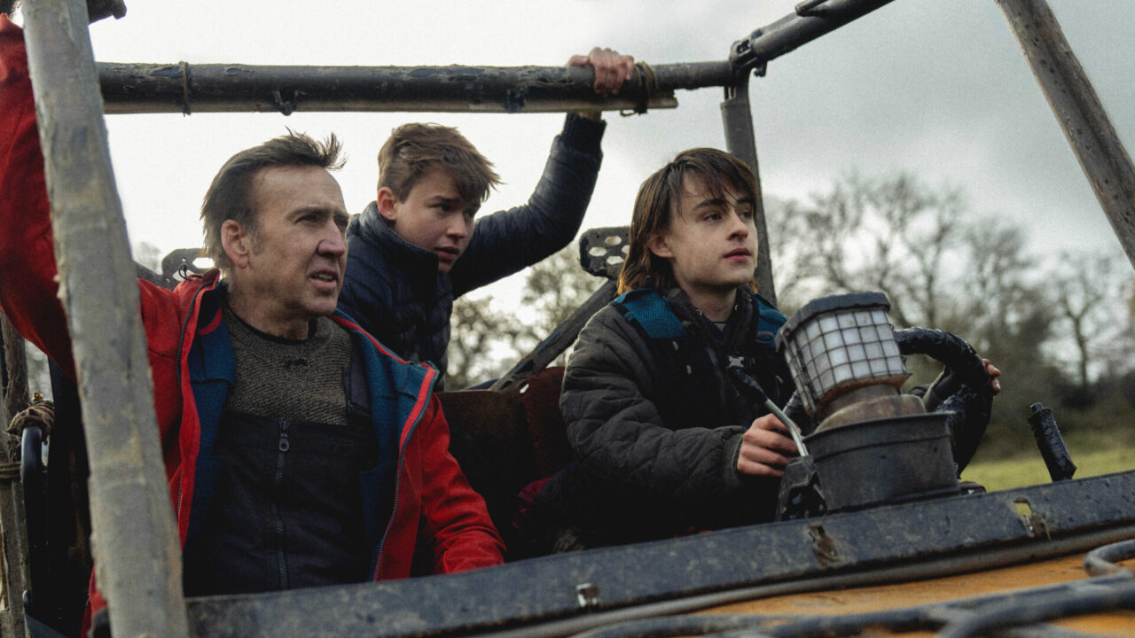 Nicolas Cage, Maxwell Jenkins, and Jaeden Martell in ARCADIAN, a film by Benjamin Brewer. Courtesy of RLJE Films and Shudder. An RLJE Films and Shudder Release.