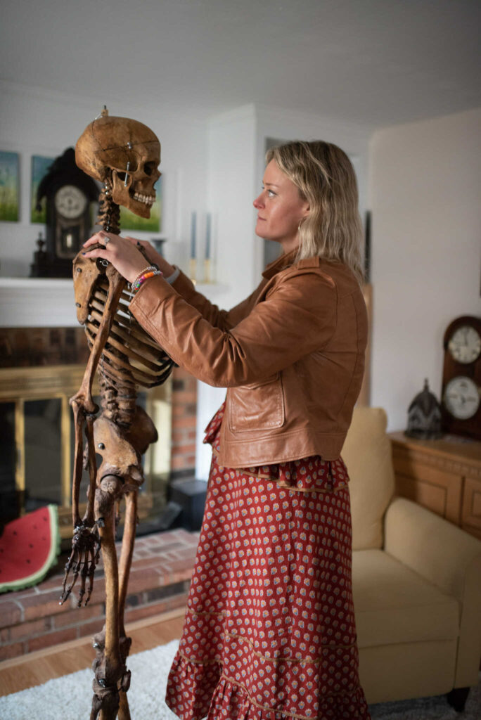 Olivia Gray sees the exhumed skeleton of her late, eccentric father Christopher Gray for the first time in the short documentary 'My Dead Dad,' a film by Erik Osterholm and Abby Ellis. Photo courtesy of Artifactual Media
